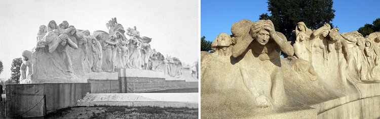 L: Then photo of Fountain of Time in Washington Park, ca. 1922. Chicago Public Library Special Collections, unprocessed photograph album.R: Now photo by Duane Savage, Washington Park Camera Club, 2021.
