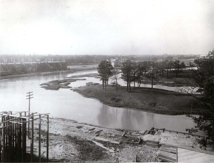 Jackson Park, View northwest from tower of Fire Engine House (during World’s Fair construction), October 1891. Chicago Public Library, Special Collections, WCE CDA 1.17. Photograph by C.D. Arnold.